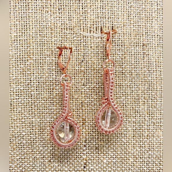 HANDMADE Clear Quartz Hand Wrapped Bare Copper Statement Dangle Earrings - Picture 3 of 10